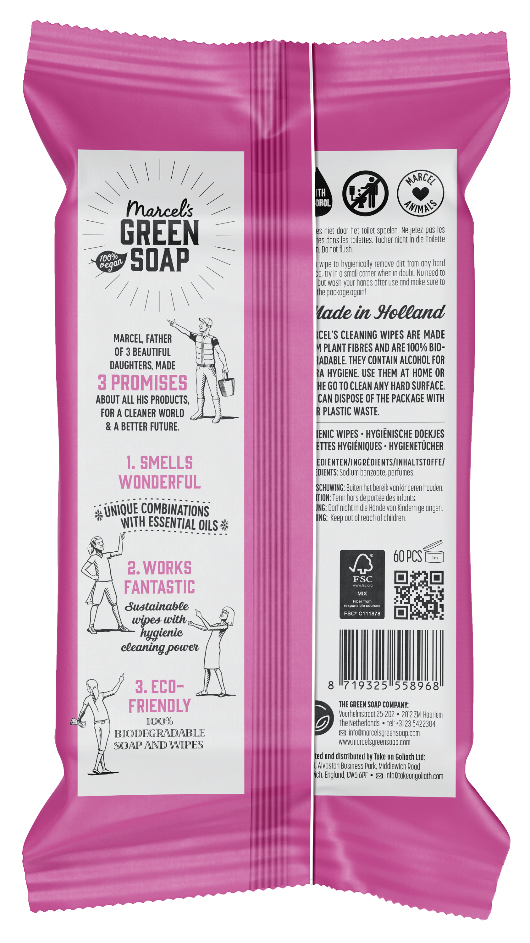 Marcel's Green Soap cleansing wipes with patchouli and cranberry, 60-piece pack, shown in a resealable package.