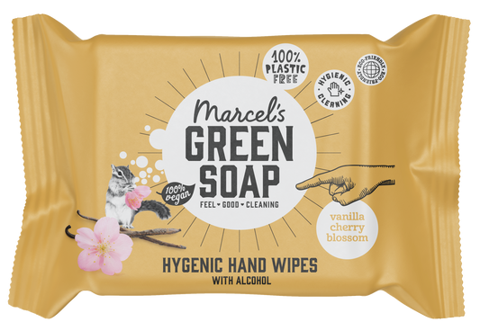 Marcel's Green Soap vanilla and cherry blossom hand wipes, eco-friendly skincare product, contains 15 hand care wipes in the image.