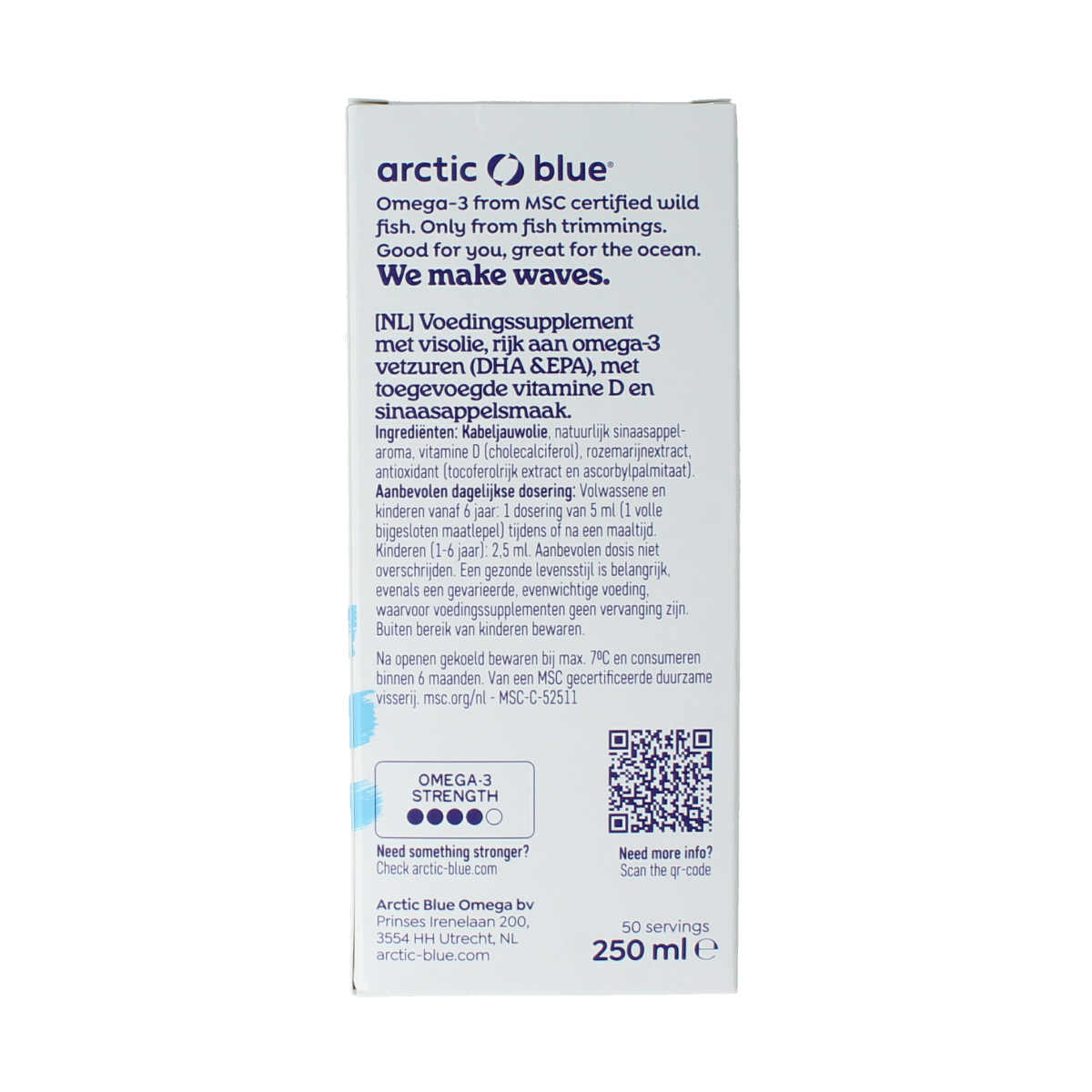 Arctic Blue Omega 3 pure visolie with vitamin D in a 250ml bottle, showing the clear fish oil liquid inside.