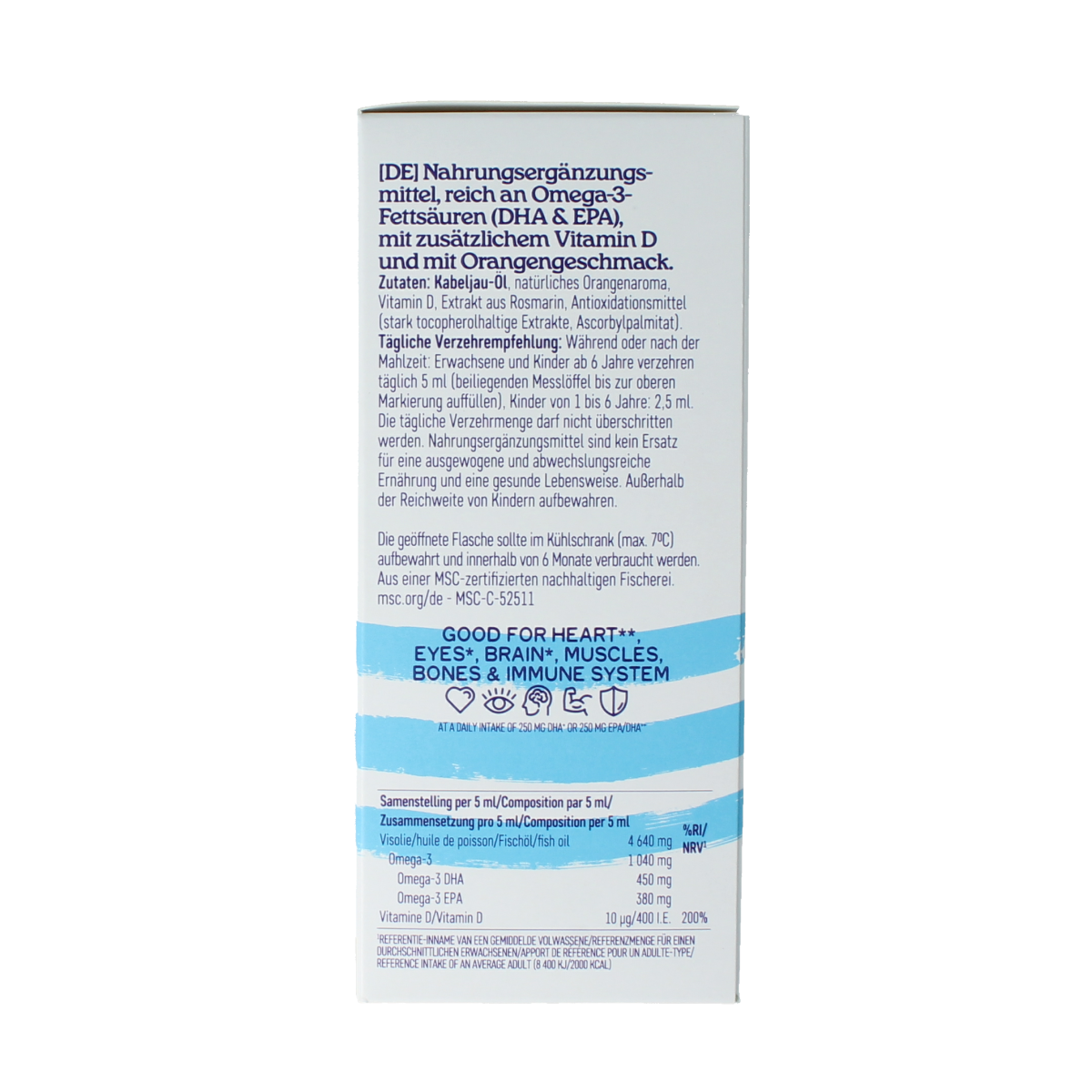 Arctic Blue Omega 3 visolie with vitamin D in a 250ml bottle, featuring a clear label and blue cap.