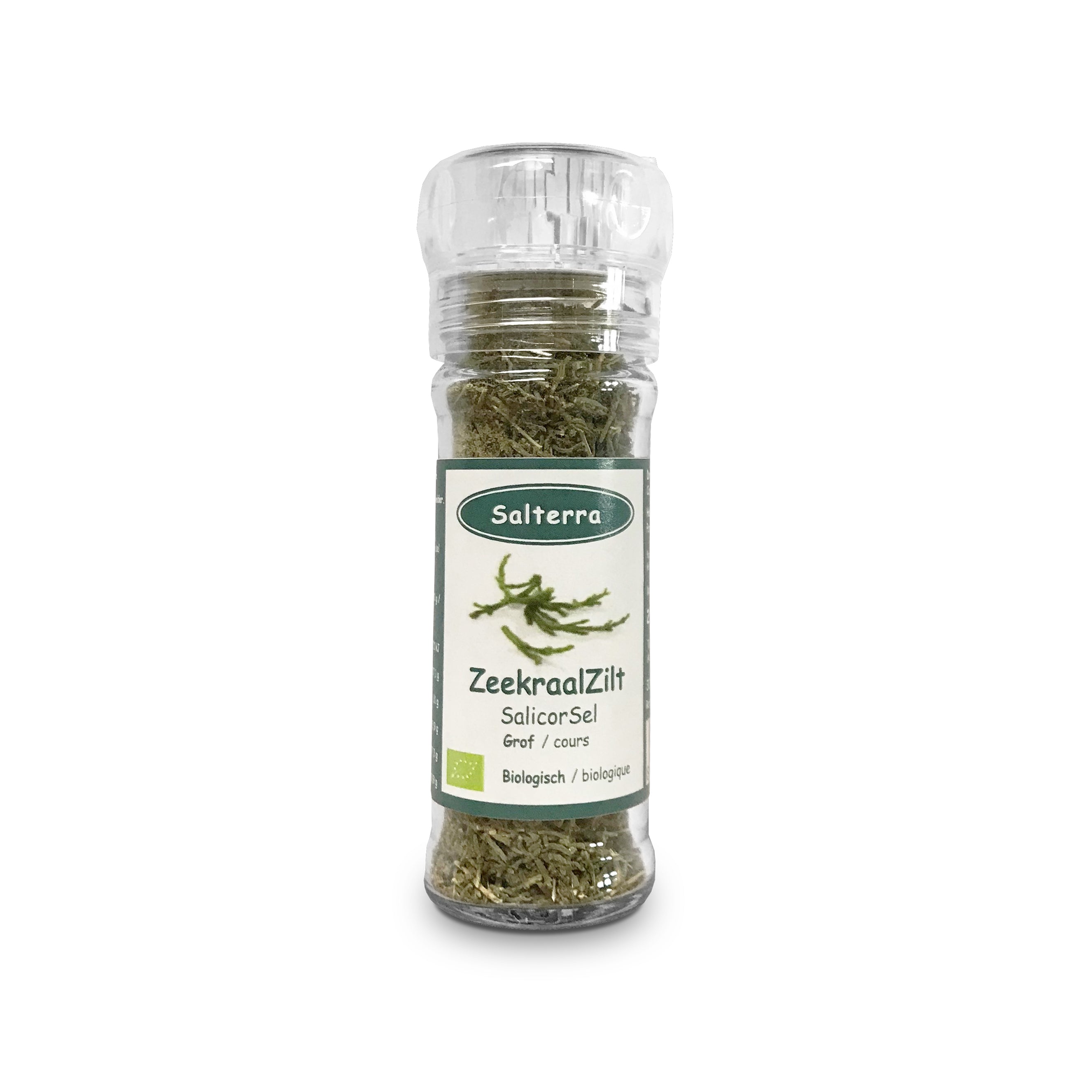 Salterra Zeekraal grof zilt bio in 25g jar, a natural herbal seasoning, shown in a clear container with salt crystals.