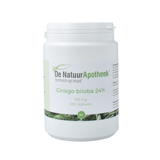 Natuurapotheek Ginkgo biloba 24% 100mg capsules, herbal supplement in a clear bottle with white cap and label.