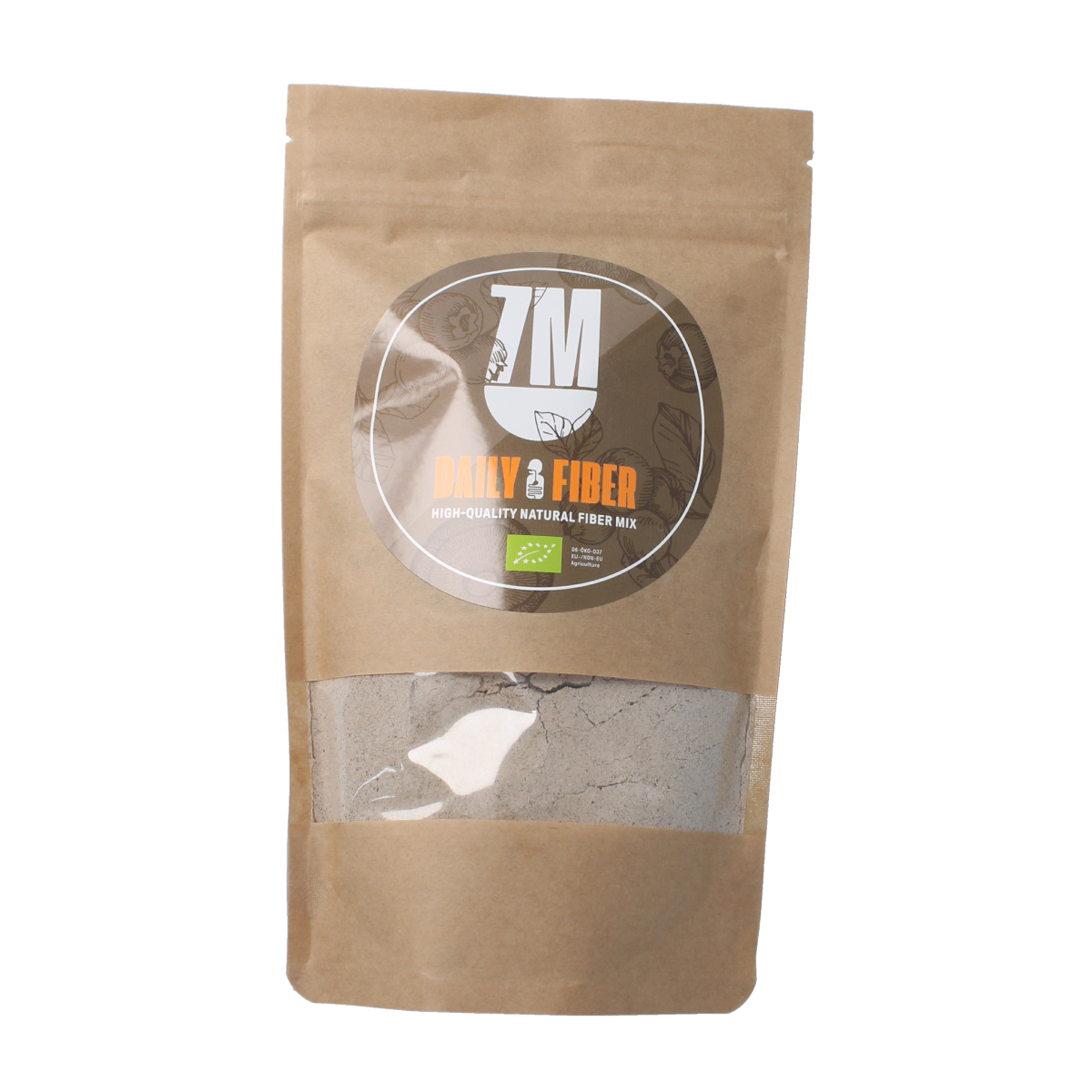 7M Daily Fiber Vezels en Enzymen supplement, 200g container showing the product packaging and label.