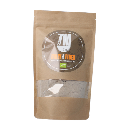 7M Daily Fiber Vezels en Enzymen supplement, 200g container showing the product packaging and label.