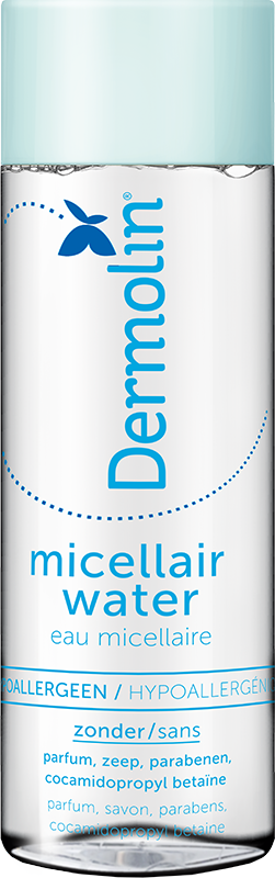 Dermolin Pure micellar water for face, 200ml, gentle facial skincare product with clear liquid in a transparent bottle.
