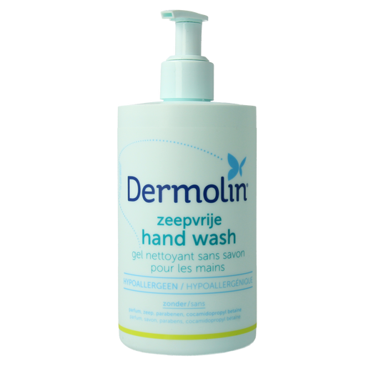 Dermolin Zeepvrije handwash in 400ml bottle, clear liquid soap for gentle hand cleansing, with Dermolin branding visible.