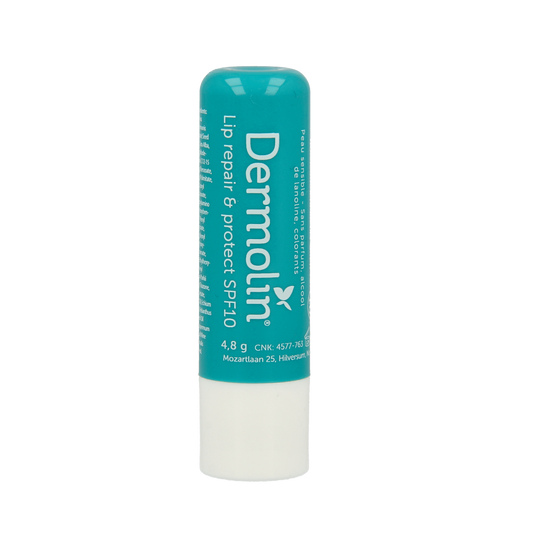 Dermolin Lip Repair & Protect SPF10 lip balm in 4.80g with natural packaging, designed to moisturize and shield lips from sun damage.