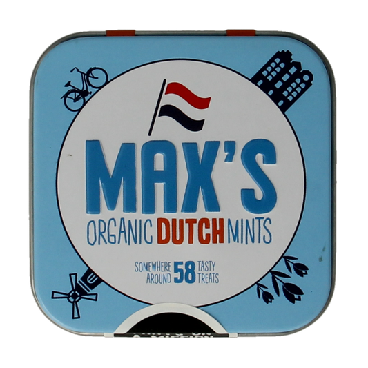 Max mints Dutch square tin with 35g of organic candy, featuring colorful mints inside.