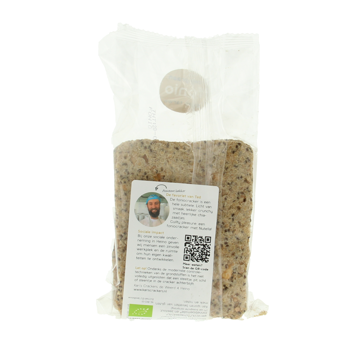 Kari's Crackers Knekkebrod with fonio, millet, and chia, organic whole-grain crackers in a 185g package.