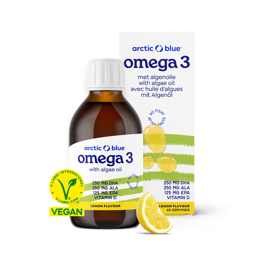 Arctic Blue hemp seed and algae oil bottle with label, showing DHA, EPA, ALA, and vitamin D, 150ml, in a clear plastic container.