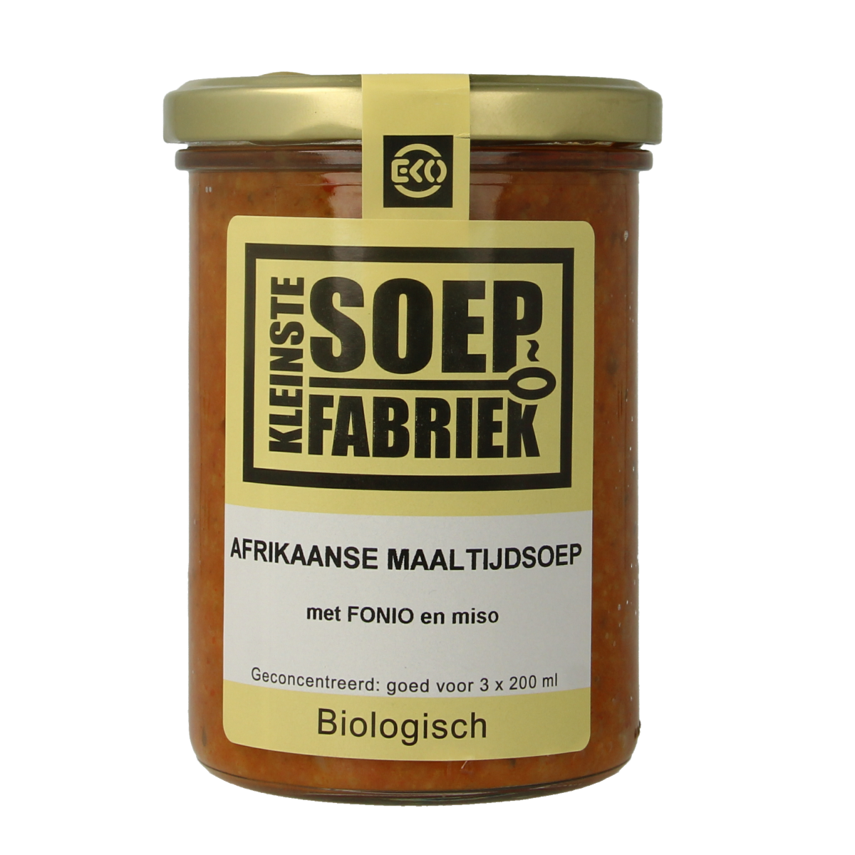Kleinstesoepfabriek Afrikaanse maaltijdsoep with fonio and miso, organic, 400ml, in a bowl with ingredients visible.