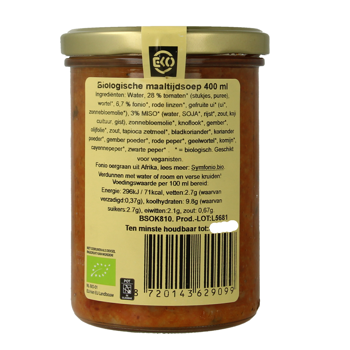 Kleinstesoepfabriek Afrikaanse maaltijdsoep with fonio and miso in a 400ml container, featuring vibrant ingredients and fresh herbs.