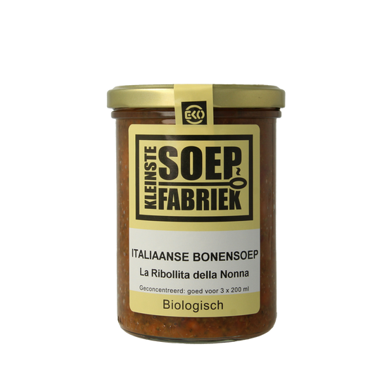 Kleinstesoepfabriek biologische Italiaanse bonensoep in 400ml bowl, featuring rich beans and herbs, ready to serve