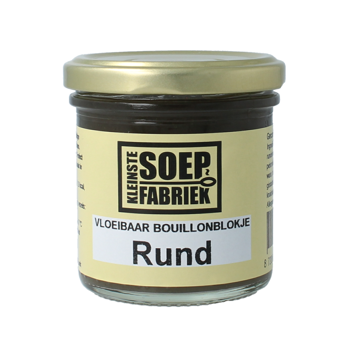 Kleinstesoepfabriek organic beef liquid bouillon cube in 150ml bottle, shown with label and transparent container.