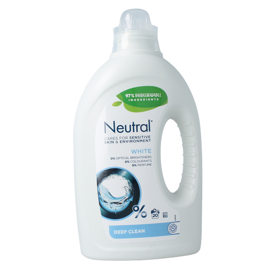Neutral wasmiddel in white, 1-liter bottle, gentle laundry detergent for whites and colors, with a clean, minimalist design.