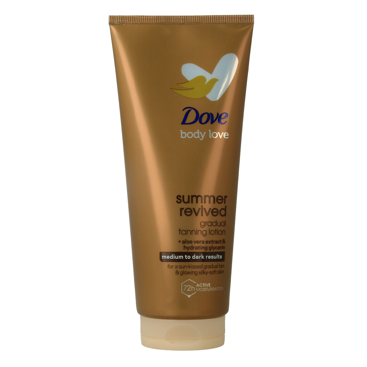 Dove Summer Dark Body Lotion 200ml bottle with dark packaging, featuring a smooth lotion texture and a pump dispenser.