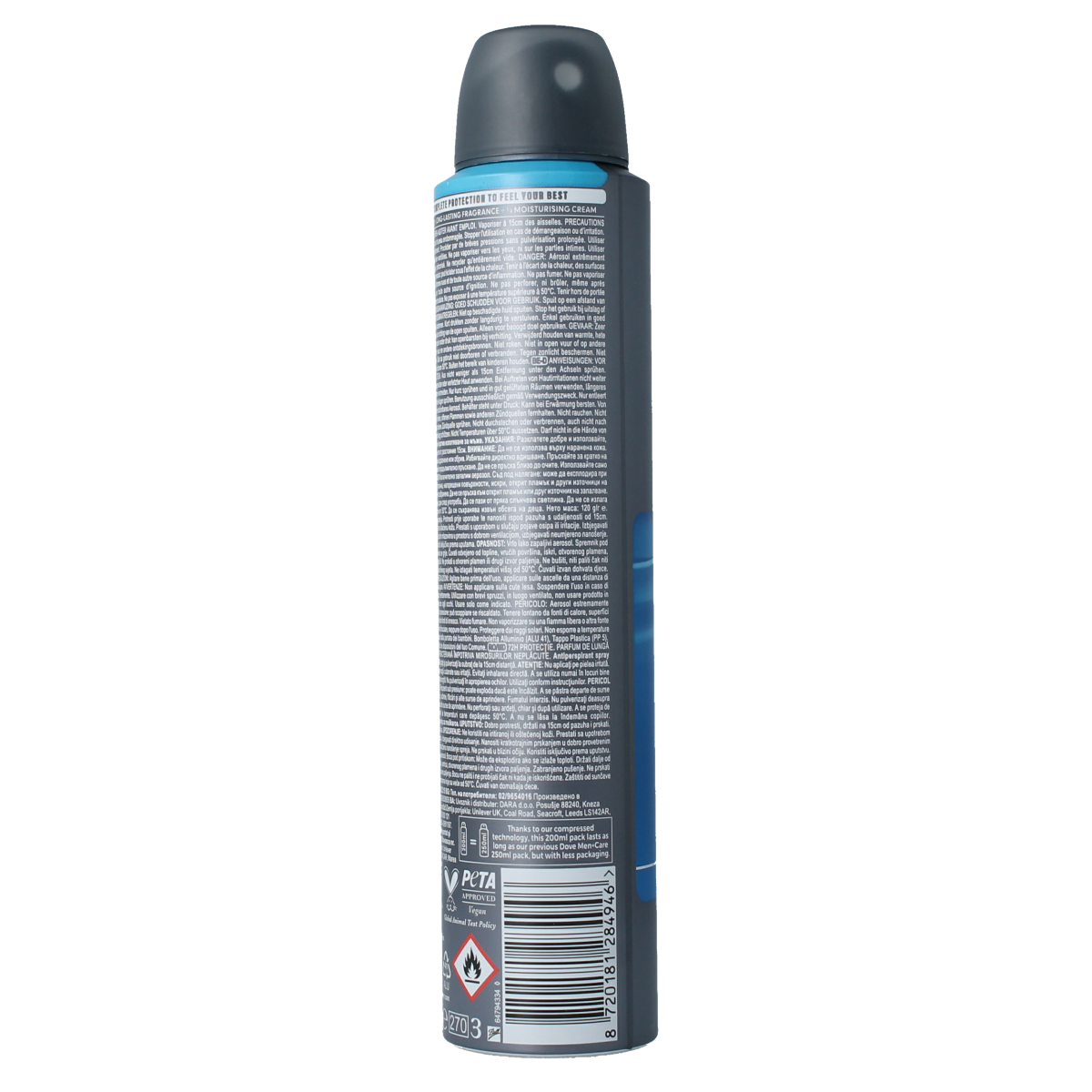 Dove Men+Care Clean Comfort deodorant spray in 200ml bottle, showcasing the aerosol can with branding and product label.