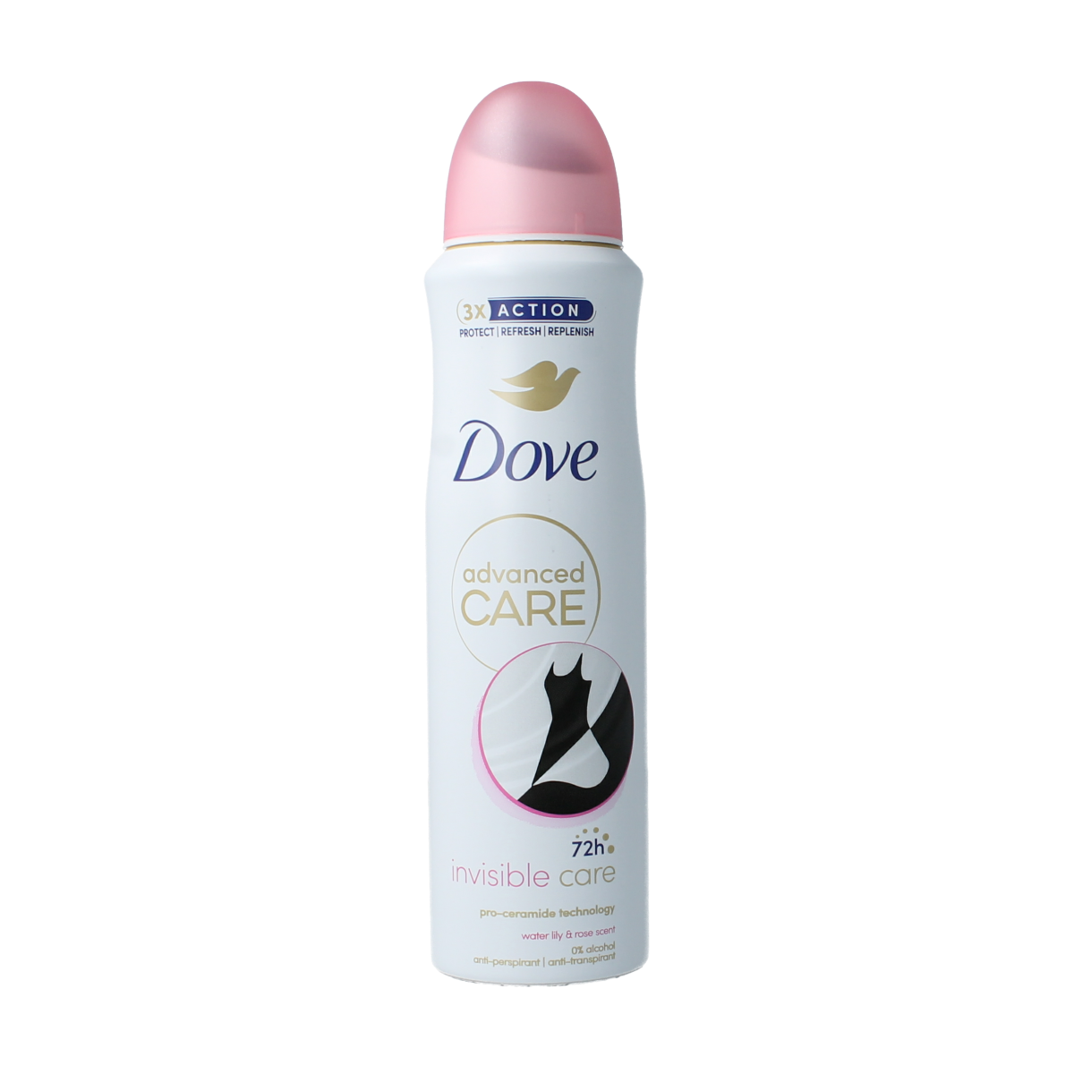 Dove Invisible Care Deodorant Spray 150ml bottle with white cap and clear spray nozzle, designed for underarm freshness.