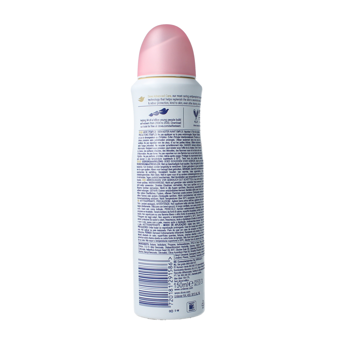 Dove Invisible Care deodorant spray 150ml bottle, showing the white aerosol can with Dove branding.