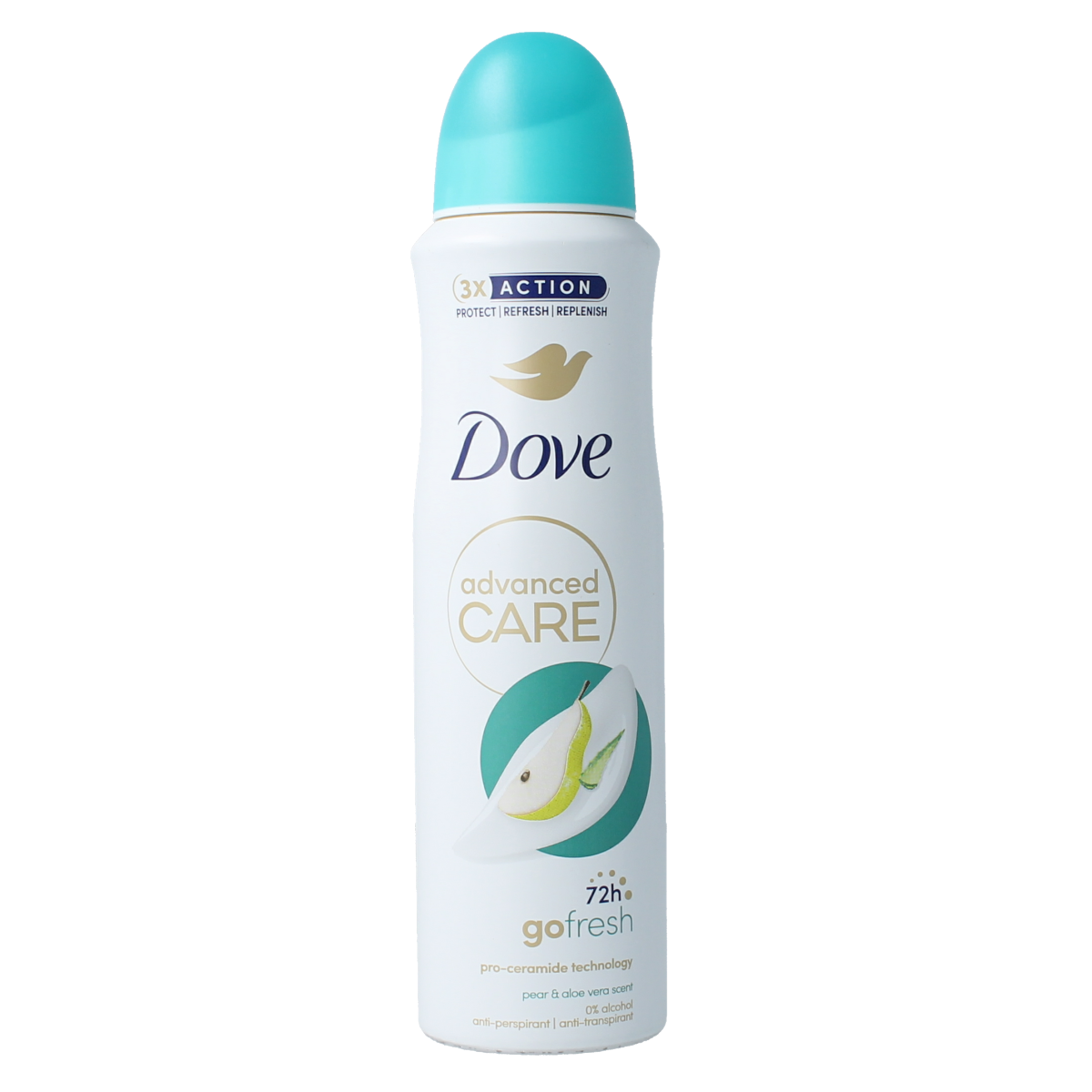 Dove deodorant spray in pear and aloe vera scent, 150ml bottle with white and green design visible.