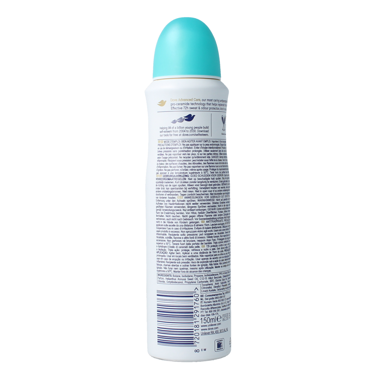 Dove deodorant spray with pear and aloe vera scent in a 150ml aerosol can, featuring a white and green design.