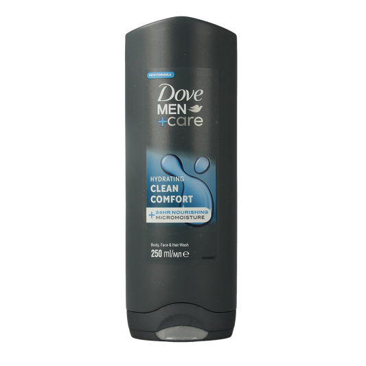 Dove Men+Care Clean Comfort 250ml shower gel bottle with pump dispenser, suitable for men's daily shower routine