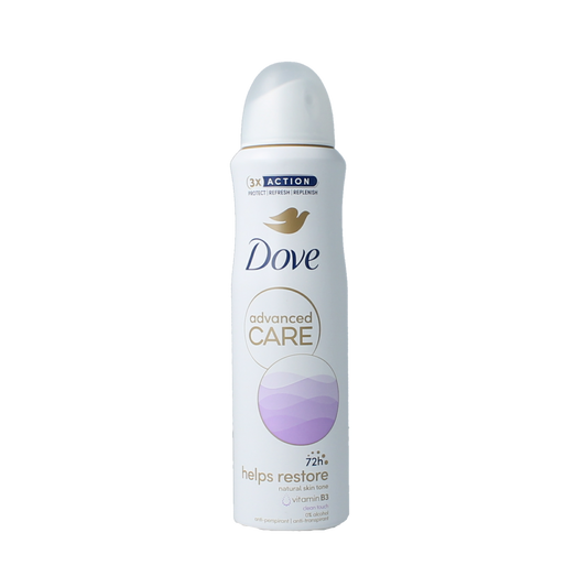 Dove Advanced Care Clean Touch deodorant spray bottle with 150ml capacity, showing the product label and spray nozzle.