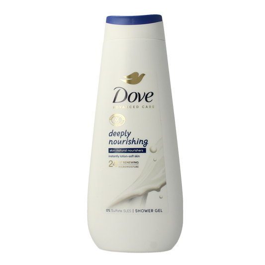 Dove Shower Advanced Deep Nourishing body wash in a 400ml bottle, featuring white and blue packaging and a pump dispenser.
