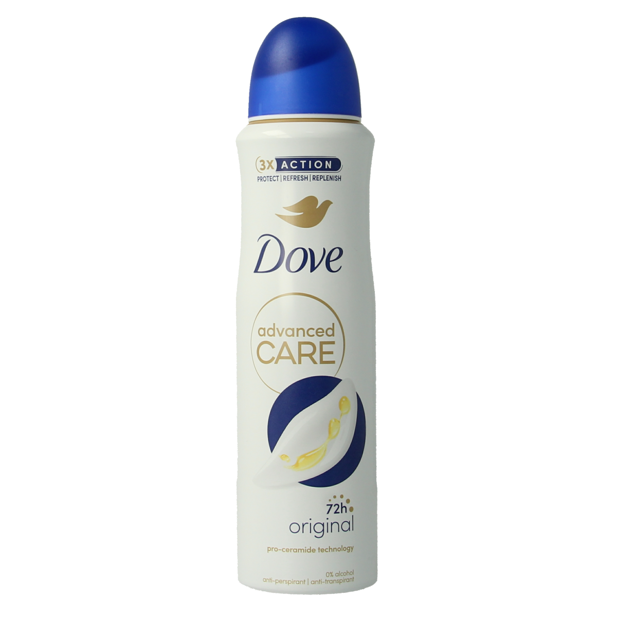 Dove Original Deodorant Spray 150ml bottle with white cap and label, designed for freshness and odor protection.