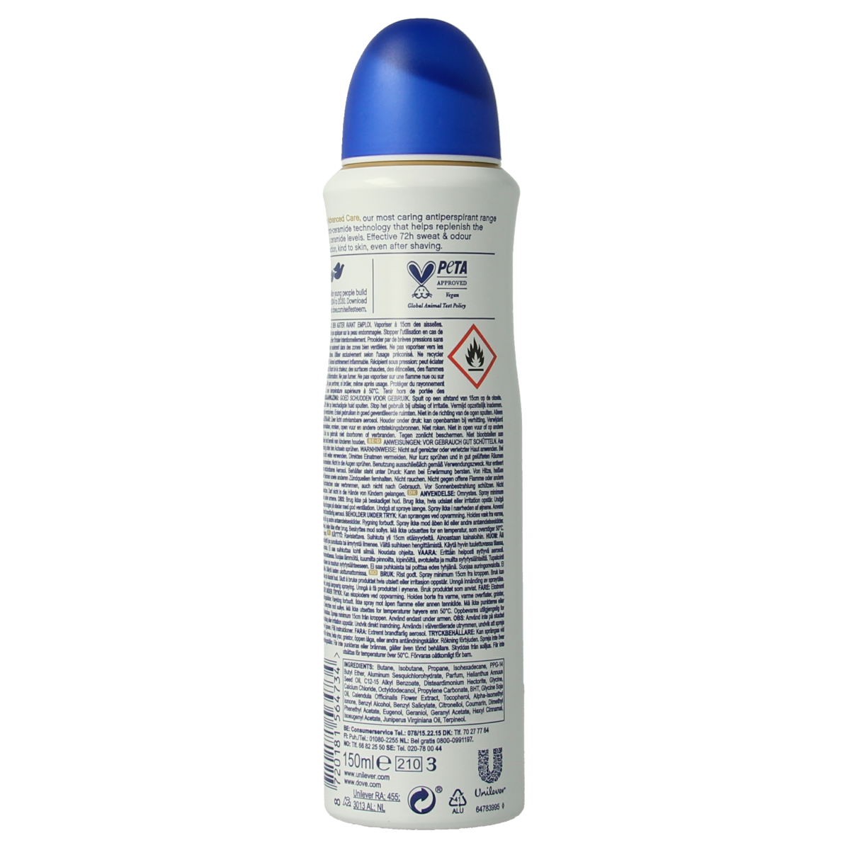 Dove Original Deodorant Spray 150ml bottle with white cap and label, designed for underarm freshness and odor protection