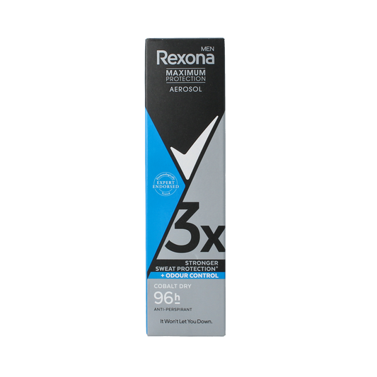 Rexona Max Protection Cobalt Dry deodorant spray in 150ml bottle with silver and blue design, shown in a close-up image.