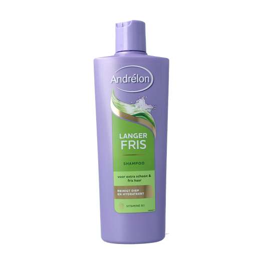 Andrelon shampoo for longer hair, 400ml bottle, natural haircare product with vibrant packaging and a sleek design