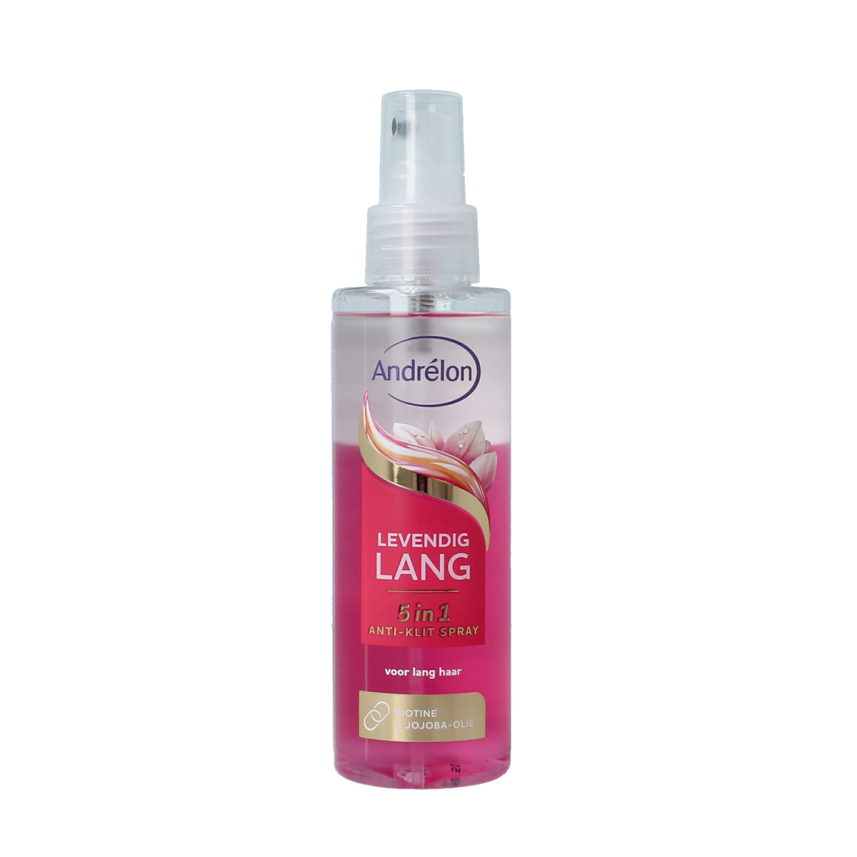 Andrelon Anti-klit spray levendig lang 5-in-1 haarverzorging, 150ml bottle with spray nozzle and vibrant hair illustration