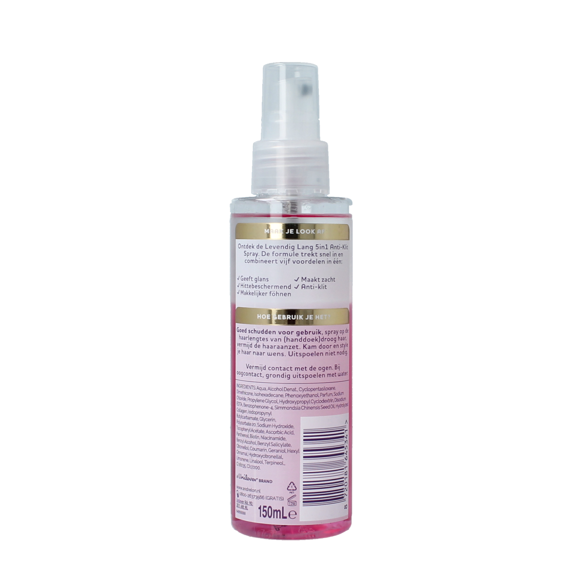 Andrelon Anti-klit spray levendig lang 5-in-1 haarverzorging, 150ml bottle with spray nozzle and vibrant packaging.