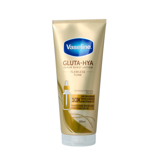 Vaseline Gluta-hya Flawless Glow body lotion, 200ml, moisturizing skincare product with brightening ingredients.