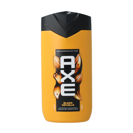 AXE Fine Fragrance Black Vanilla shower gel in 225ml bottle, featuring sleek black packaging and vanilla scent.