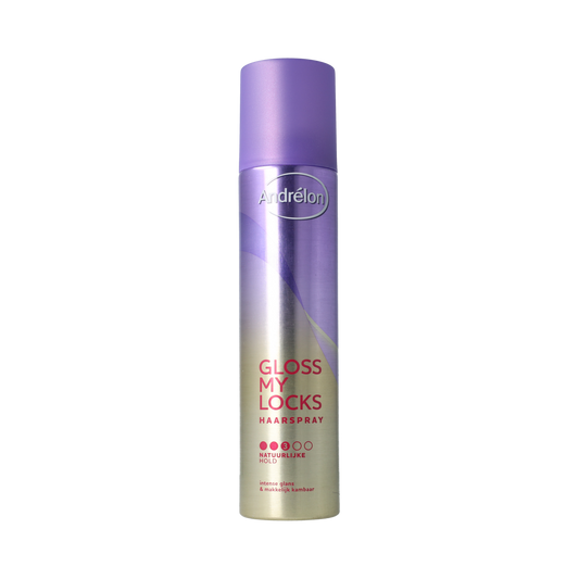 Andrelon Gloss My Locks hairspray 250ml bottle, used for hair styling with a shiny finish.