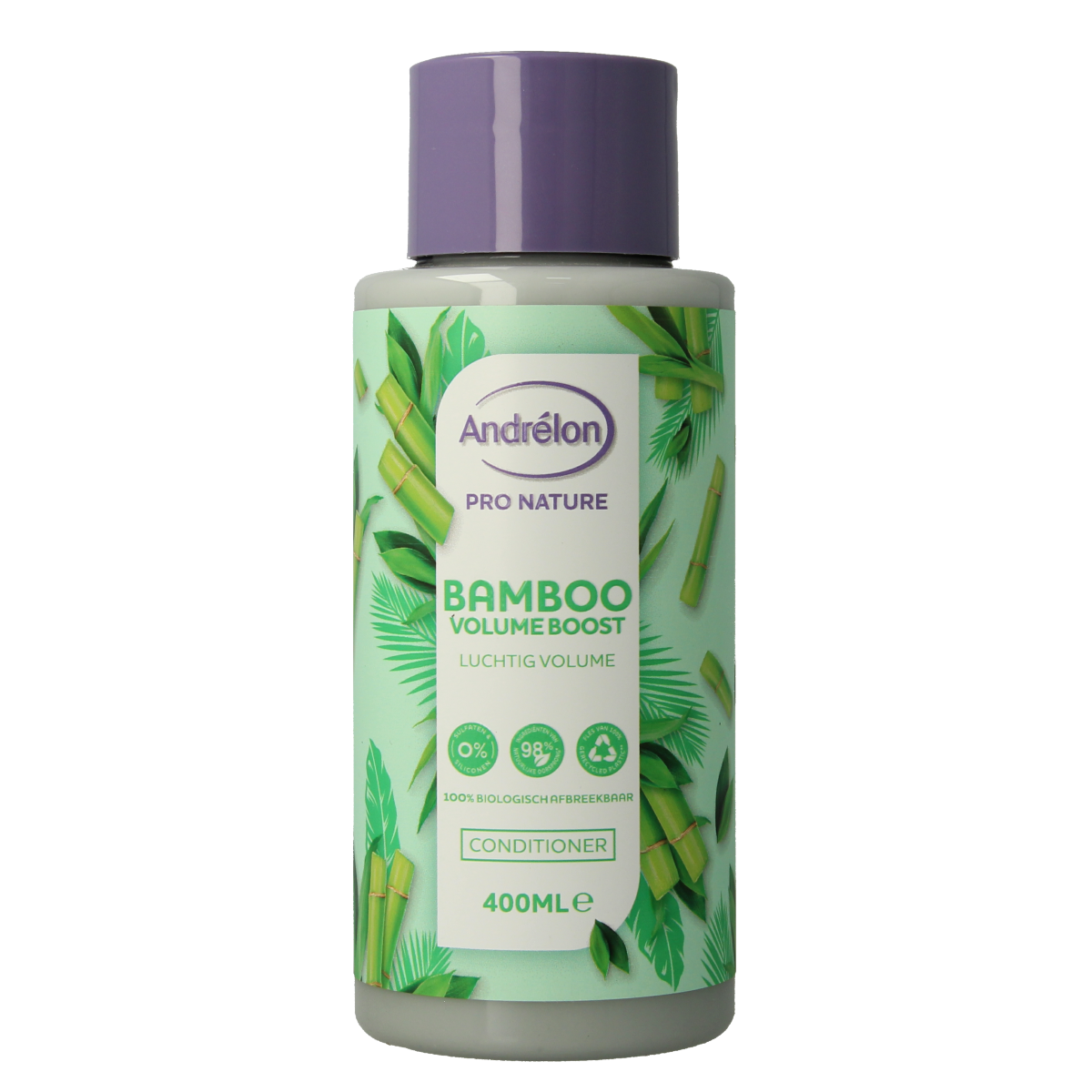 Andrelon Conditioner Pro Nature Bamboo Volume Boost bottle, 400ml, for hair care and added volume, natural ingredients, sleek packaging