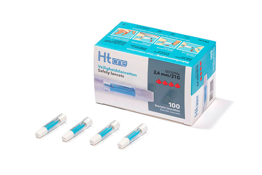 HT One veiligheidslancetten, 2.4 mm, set of 100, with safety features, designed for blood sampling and testing.