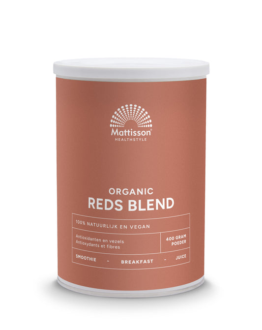 Organic Mattisson Reds blend kruidpreparaten powder in a 400g container, featuring a colorful, textured spice mix.