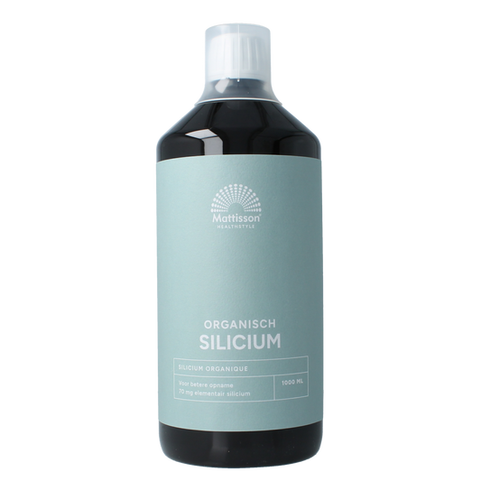 Bottle of Mattisson Organisch Silicium 70mg mineral supplement, 1-liter size, with label showing product details.