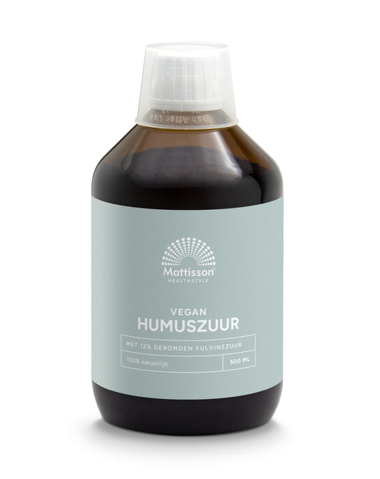 Vegan Mattisson Humuszuur herbal supplement bottle, 500ml, in a natural setting with product label visible.