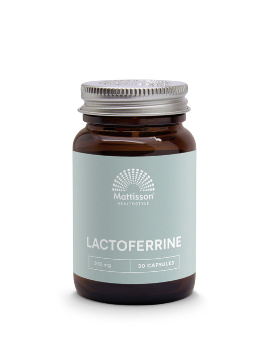 Mattisson Lactoferrine 95% capsules, 300mg, 30 count, dietary supplement with mineral content, shown in blister packaging