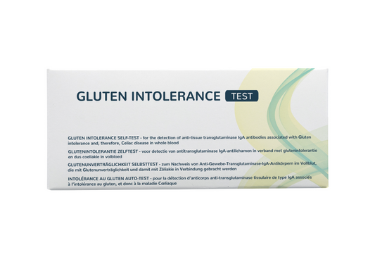 The Tester Gluten zelftest box showing one gluten self-test kit for at-home gluten sensitivity testing.