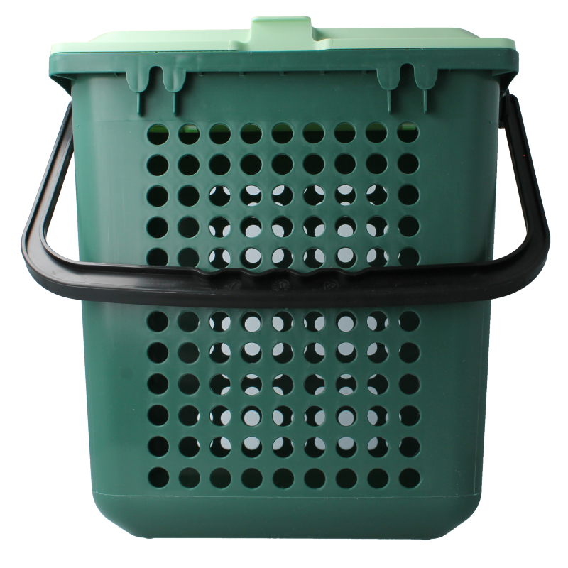 Biomat Airbox trash bin with holes, 26x19.8x25.6 cm, for household waste, shown with trash bags and perforated design.