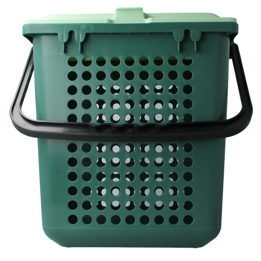 Biomat Airbox trash bin with holes, 26x19.8x25.6 cm, for household waste, shown with trash bags and perforated design.