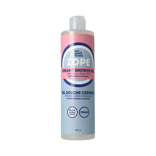 The Good Brand Green Tea Birch Betaine Shower Cream in 400ml bottle, featuring a green and white label with product details.