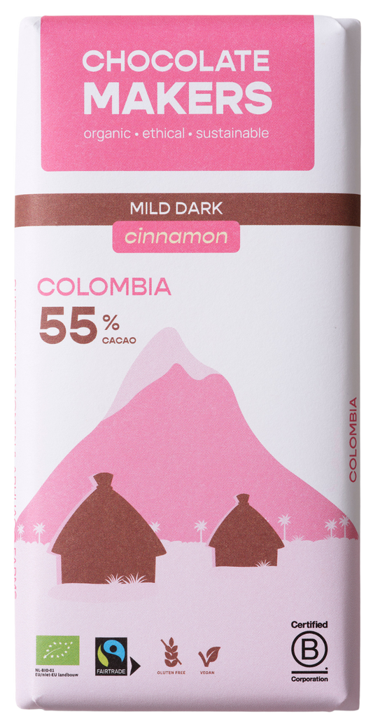 Chocolatemakers Pure Joy 55% organic cinnamon dark chocolate bar, 80g, with visible textured surface and cinnamon specks.