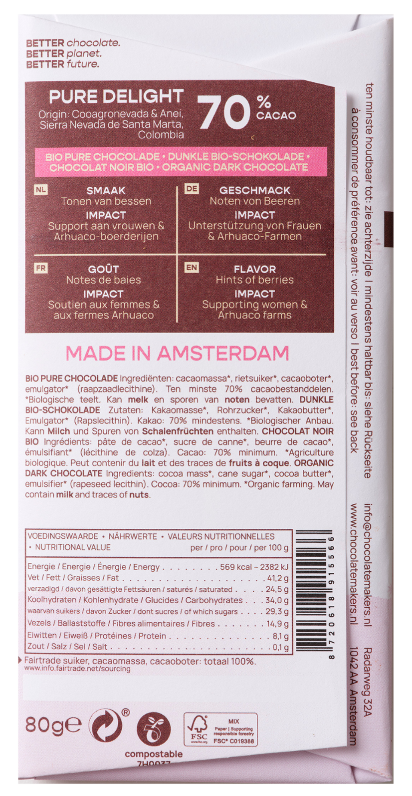 Chocolatemakers Pure delight 70% puur bio 80 Gram