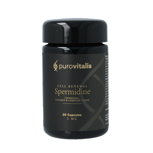 Purovitalis Liposomal Spermidine Fusion capsules in a bottle, dietary supplement by Purovitalis for health and wellness.